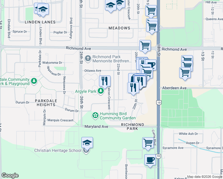 map of restaurants, bars, coffee shops, grocery stores, and more near 32 Falcon Crescent in Brandon