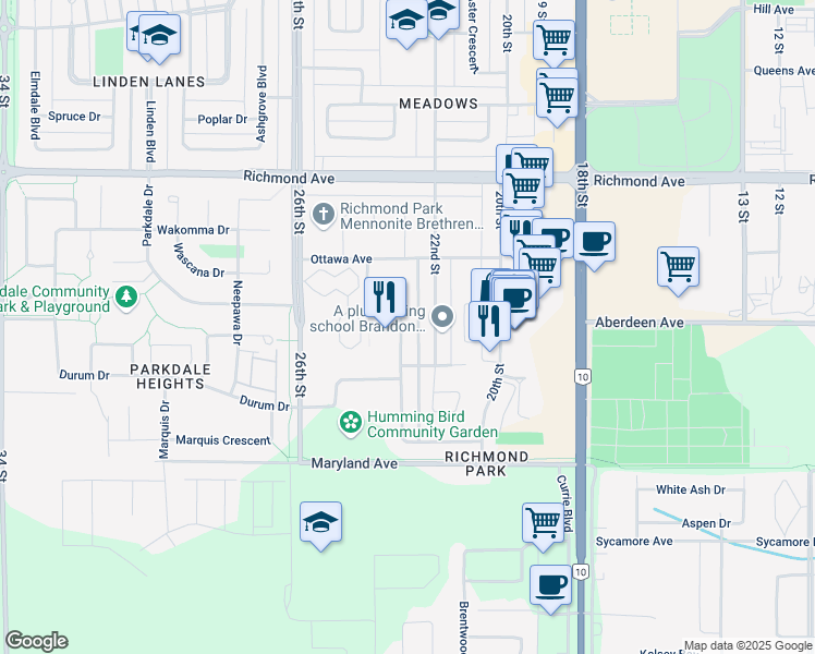 map of restaurants, bars, coffee shops, grocery stores, and more near 32 Falcon Crescent in Brandon