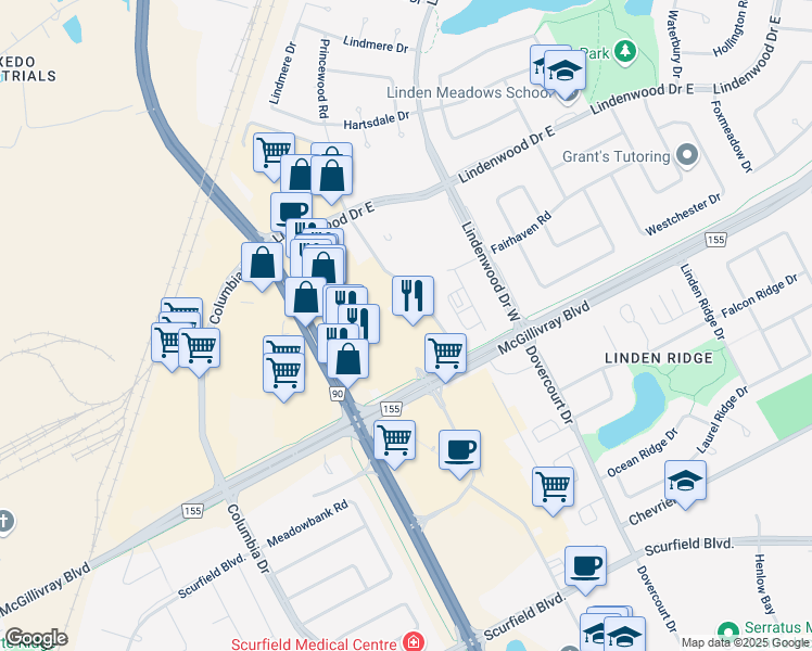map of restaurants, bars, coffee shops, grocery stores, and more near 1665 Kenaston Boulevard in Winnipeg