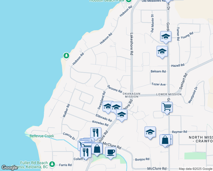 map of restaurants, bars, coffee shops, grocery stores, and more near 499 Sarsons Road in Kelowna
