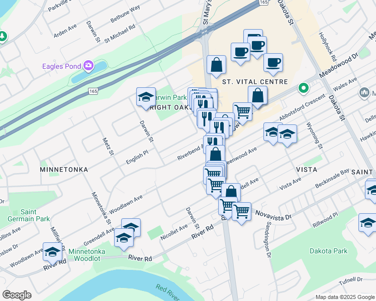 map of restaurants, bars, coffee shops, grocery stores, and more near 27 Riverbend Avenue in Winnipeg