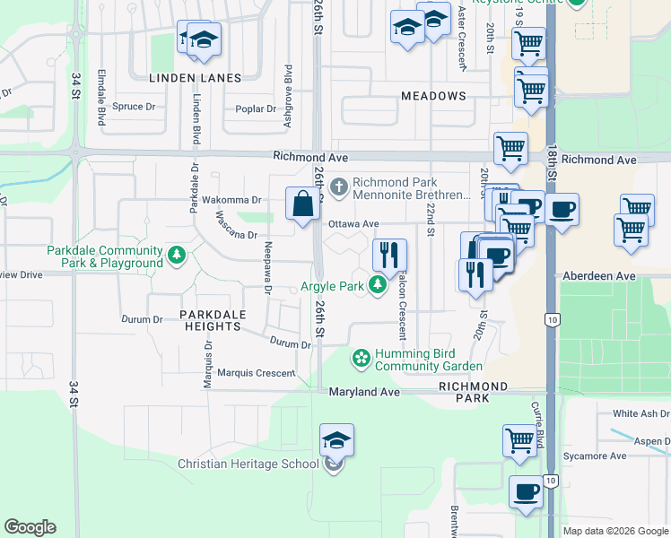 map of restaurants, bars, coffee shops, grocery stores, and more near 1575 26th Street in Brandon