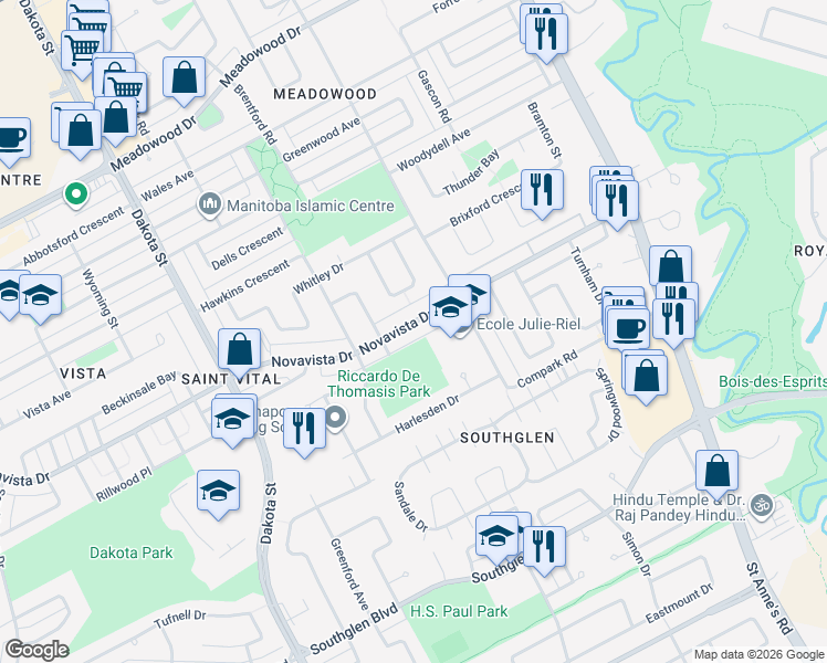 map of restaurants, bars, coffee shops, grocery stores, and more near 486 Novavista Drive in Winnipeg
