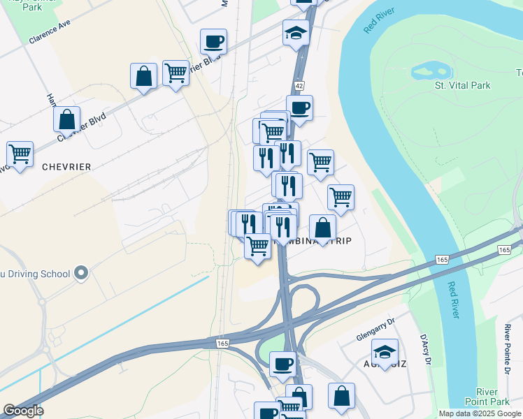 map of restaurants, bars, coffee shops, grocery stores, and more near 1819 Pembina Highway in Winnipeg