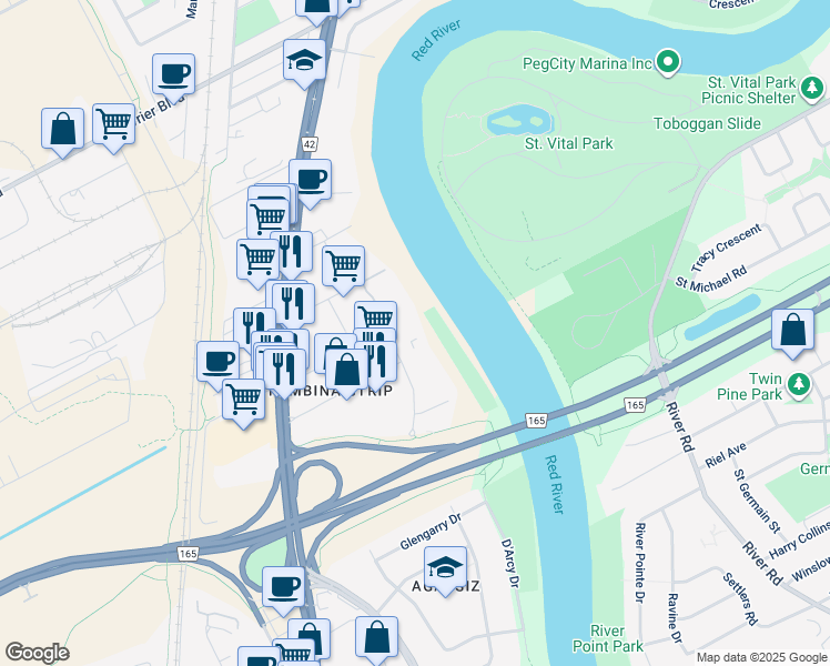 map of restaurants, bars, coffee shops, grocery stores, and more near 90 Plaza Drive in Winnipeg