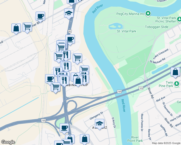 map of restaurants, bars, coffee shops, grocery stores, and more near 90 Plaza Drive in Winnipeg