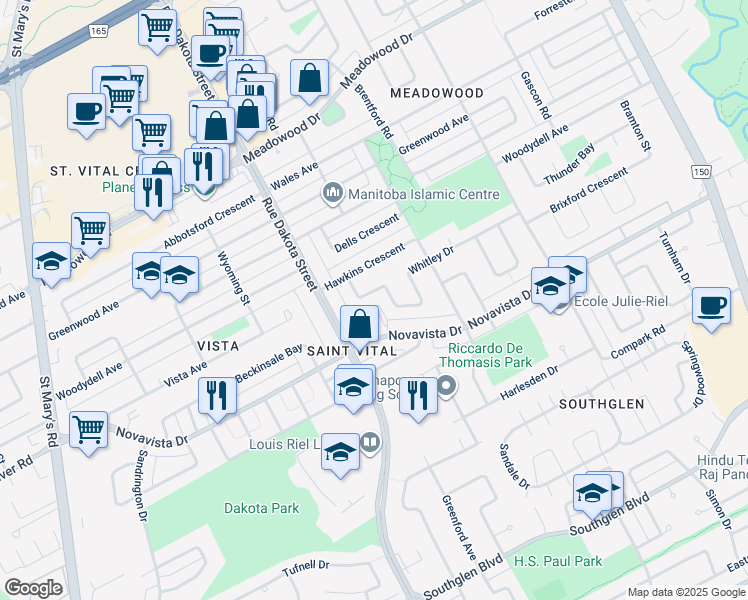 map of restaurants, bars, coffee shops, grocery stores, and more near 36 Whitley Drive in Winnipeg