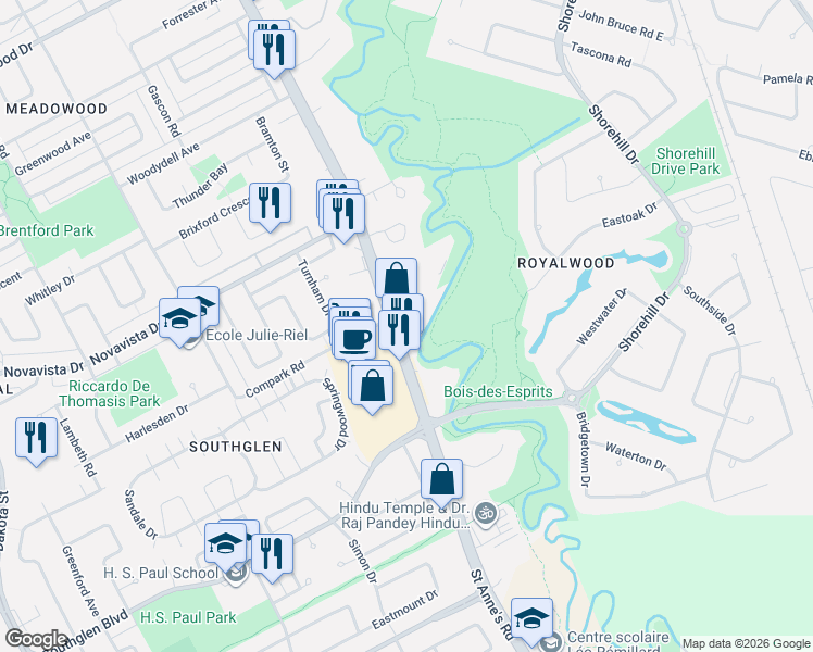 map of restaurants, bars, coffee shops, grocery stores, and more near 703 Saint Anne's Road in Winnipeg