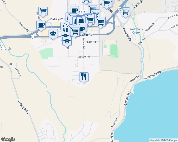 map of restaurants, bars, coffee shops, grocery stores, and more near 3843 Brown Road in West Kelowna