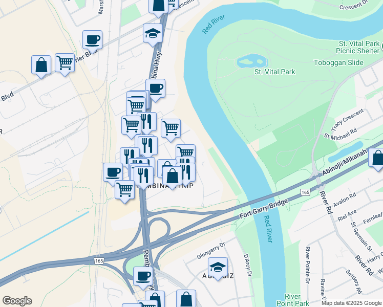 map of restaurants, bars, coffee shops, grocery stores, and more near 80 Plaza Drive in Winnipeg