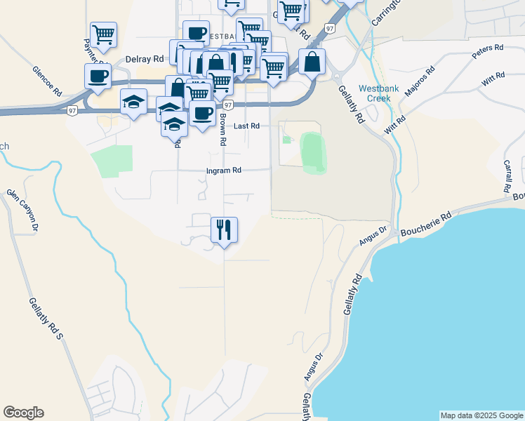 map of restaurants, bars, coffee shops, grocery stores, and more near 3842 Old Okanagan Highway in West Kelowna