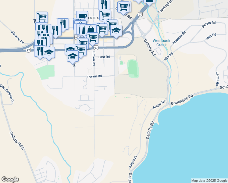 map of restaurants, bars, coffee shops, grocery stores, and more near 3842 Old Okanagan Highway in West Kelowna