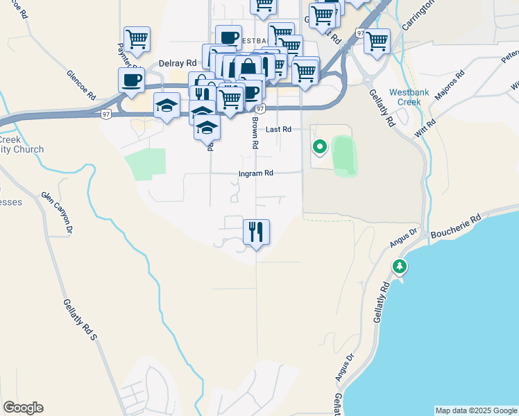 map of restaurants, bars, coffee shops, grocery stores, and more near in West Kelowna