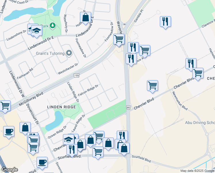 map of restaurants, bars, coffee shops, grocery stores, and more near 112 Tangle Ridge Crescent in Winnipeg
