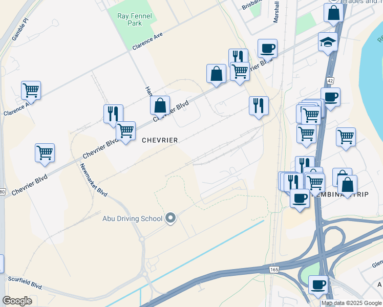 map of restaurants, bars, coffee shops, grocery stores, and more near 555 Hervo Street in Winnipeg