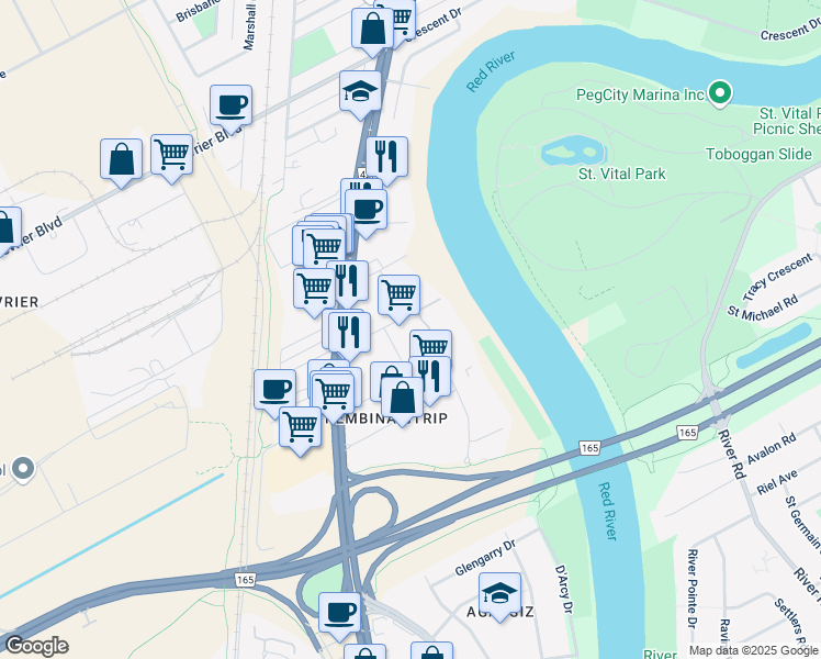 map of restaurants, bars, coffee shops, grocery stores, and more near 24 Adamar Road in Winnipeg