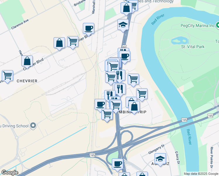 map of restaurants, bars, coffee shops, grocery stores, and more near 1777 Pembina Highway in Winnipeg