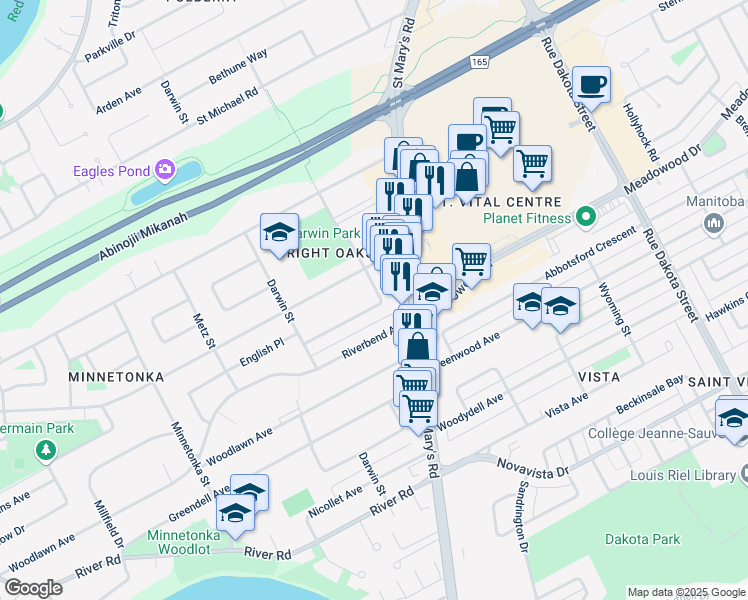 map of restaurants, bars, coffee shops, grocery stores, and more near 39 Robertson Crescent in Winnipeg