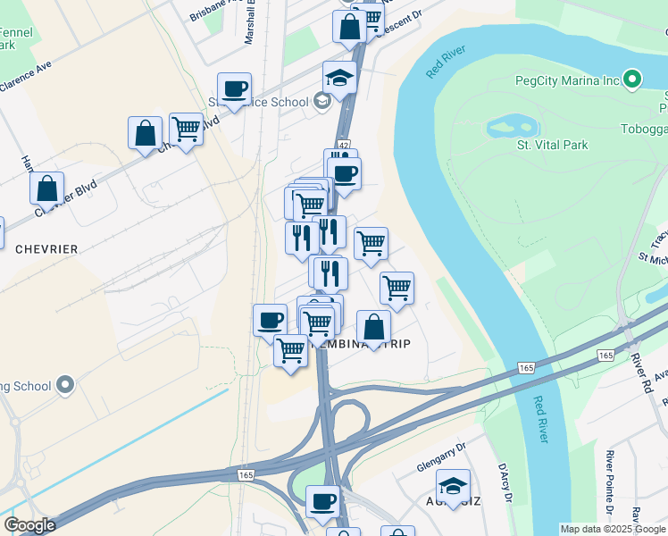 map of restaurants, bars, coffee shops, grocery stores, and more near 1792 Pembina Highway in Winnipeg