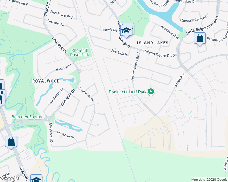 map of restaurants, bars, coffee shops, grocery stores, and more near Bonaventure Drive West in Winnipeg