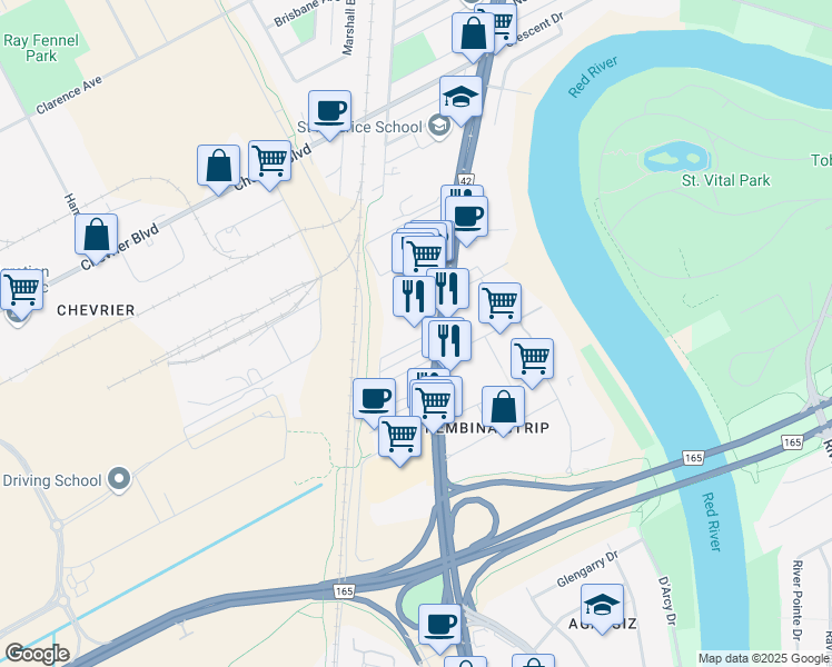 map of restaurants, bars, coffee shops, grocery stores, and more near 1771 Pembina Highway in Winnipeg