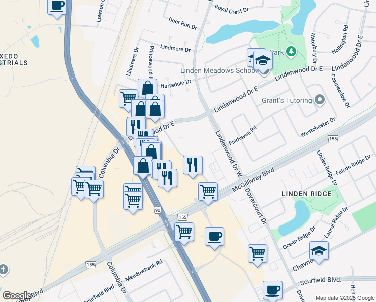 map of restaurants, bars, coffee shops, grocery stores, and more near 490 Lindenwood Drive East in Winnipeg