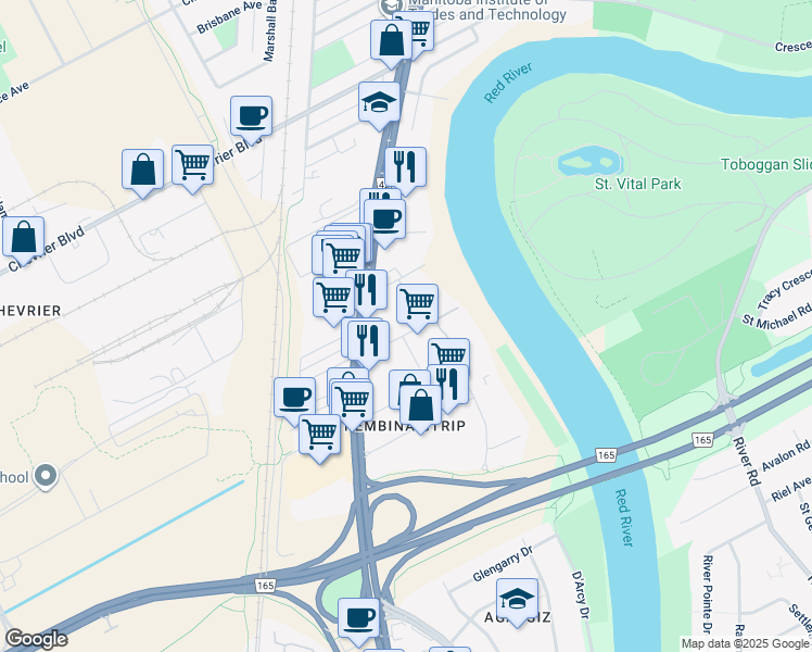 map of restaurants, bars, coffee shops, grocery stores, and more near 24 Adamar Road in Winnipeg