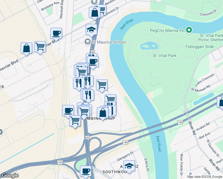 map of restaurants, bars, coffee shops, grocery stores, and more near 70 Plaza Drive in Winnipeg