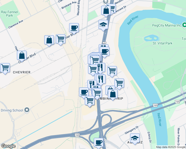 map of restaurants, bars, coffee shops, grocery stores, and more near 1771 Pembina Highway in Winnipeg