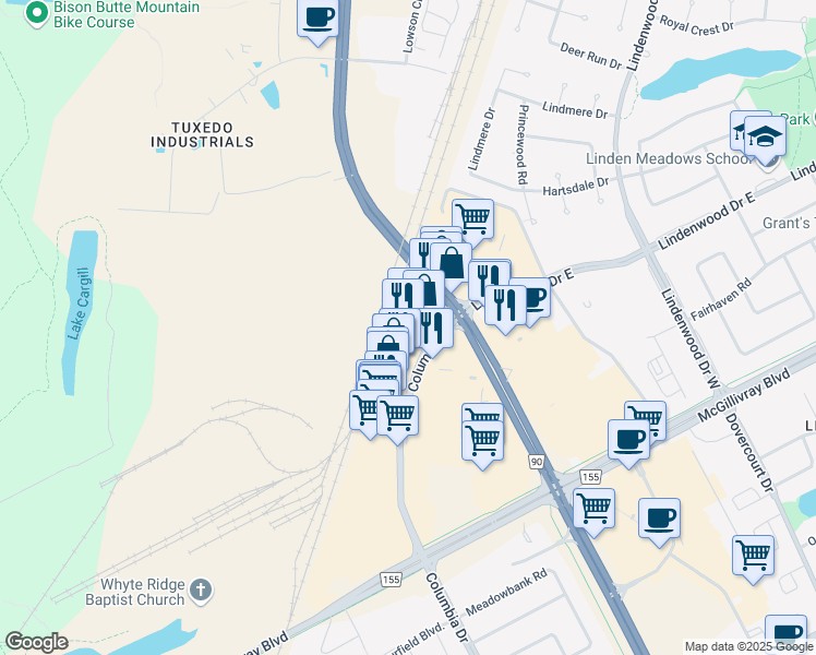 map of restaurants, bars, coffee shops, grocery stores, and more near 1570 Kenaston Boulevard in Winnipeg