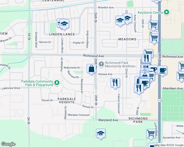 map of restaurants, bars, coffee shops, grocery stores, and more near 75 Wascana Drive in Brandon