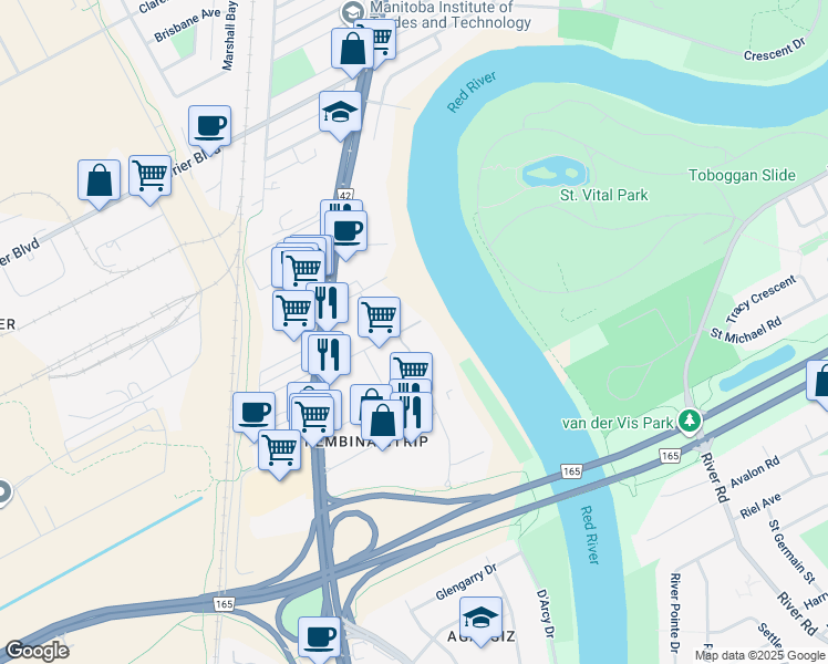 map of restaurants, bars, coffee shops, grocery stores, and more near 70 Plaza Drive in Winnipeg