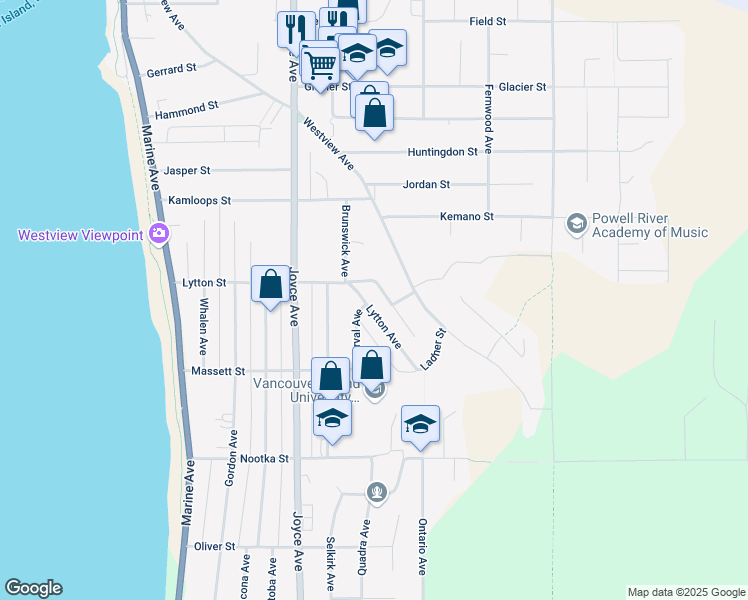map of restaurants, bars, coffee shops, grocery stores, and more near 4056 Lytton Avenue in Powell River