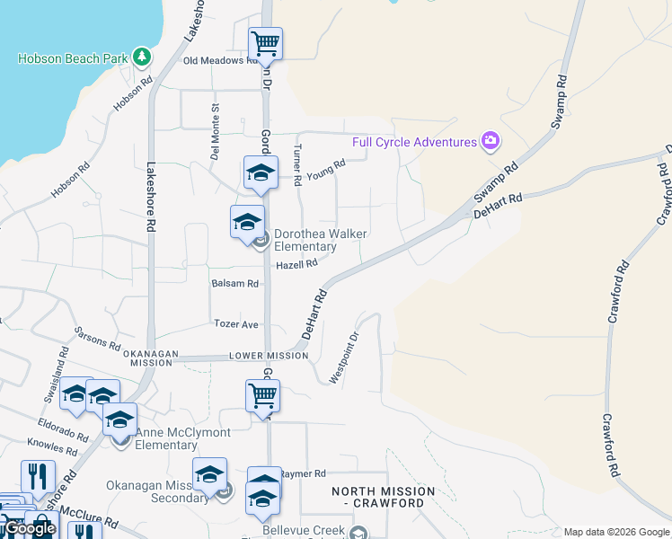 map of restaurants, bars, coffee shops, grocery stores, and more near 855 DeHart Road in Kelowna
