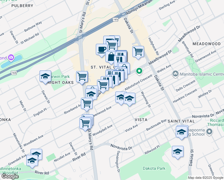 map of restaurants, bars, coffee shops, grocery stores, and more near 160 Meadowood Drive in Winnipeg