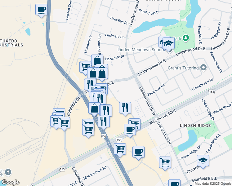 map of restaurants, bars, coffee shops, grocery stores, and more near 490 Lindenwood Drive East in Winnipeg