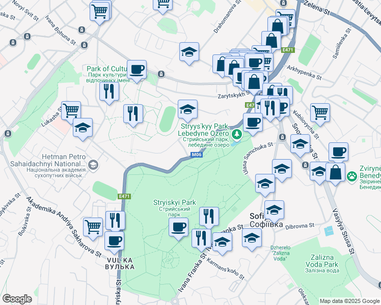 map of restaurants, bars, coffee shops, grocery stores, and more near 48 Stryiska Street in L'viv