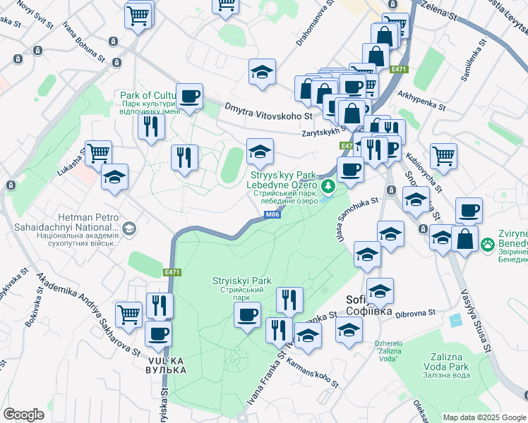 map of restaurants, bars, coffee shops, grocery stores, and more near 48 Stryiska Street in L'viv