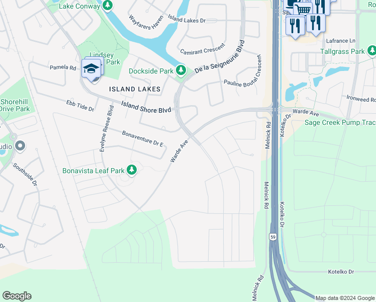 map of restaurants, bars, coffee shops, grocery stores, and more near De la Seigneurie Boulevard in Winnipeg