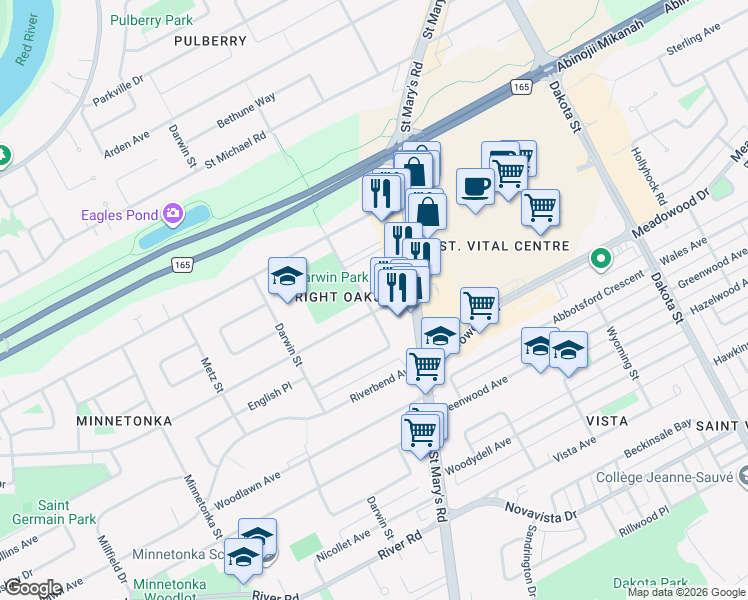 map of restaurants, bars, coffee shops, grocery stores, and more near in Winnipeg