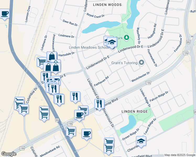 map of restaurants, bars, coffee shops, grocery stores, and more near Mulligan Bay in Winnipeg