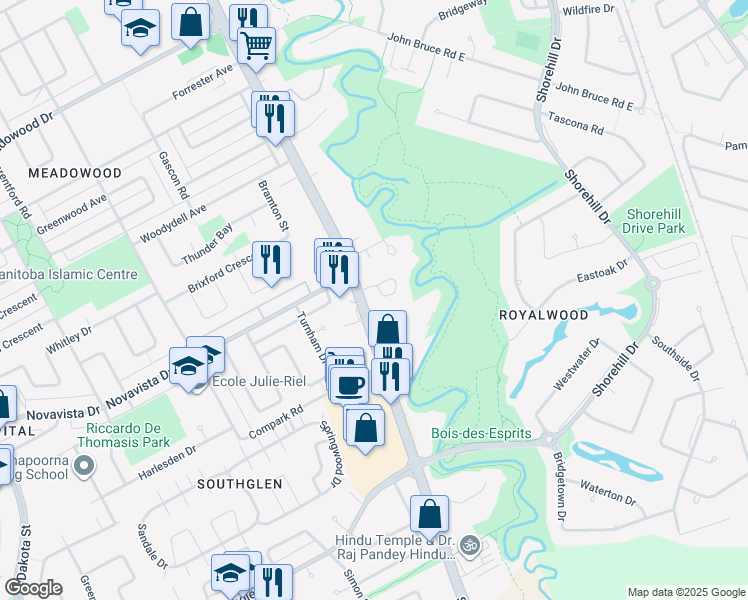 map of restaurants, bars, coffee shops, grocery stores, and more near 687 Saint Anne's Road in Winnipeg