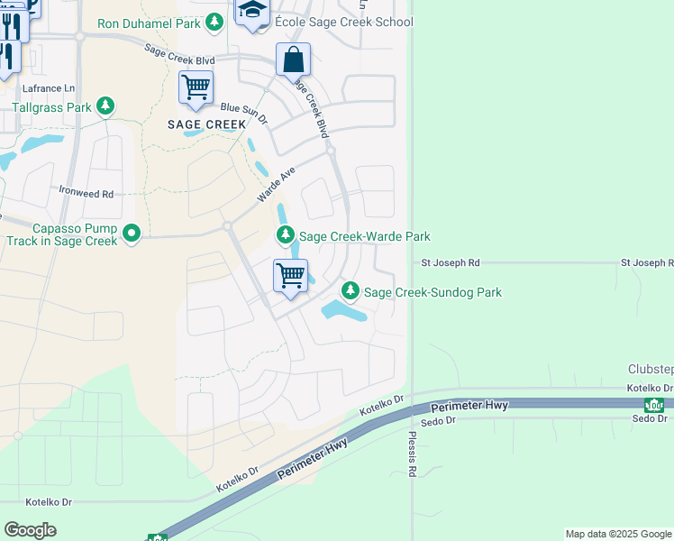 map of restaurants, bars, coffee shops, grocery stores, and more near 628 Sage Creek Boulevard in Winnipeg