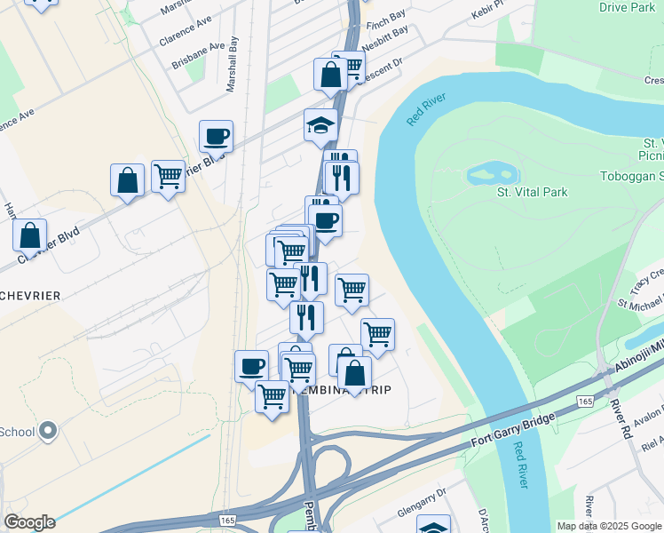 map of restaurants, bars, coffee shops, grocery stores, and more near 1740 Pembina Highway in Winnipeg