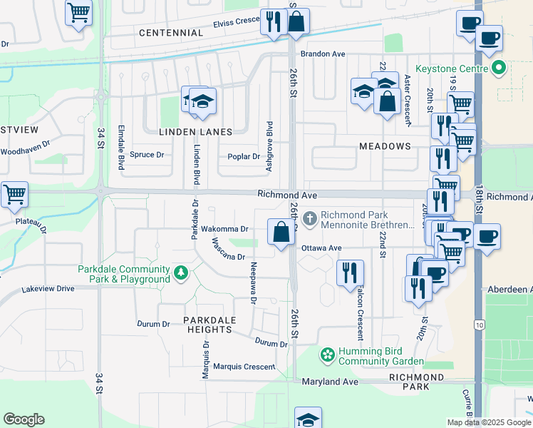 map of restaurants, bars, coffee shops, grocery stores, and more near 34 Neepawa Drive in Brandon