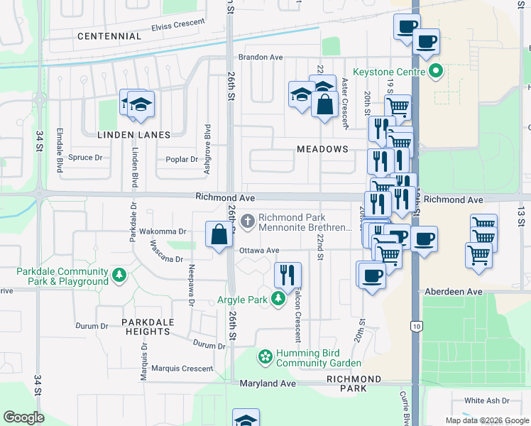 map of restaurants, bars, coffee shops, grocery stores, and more near 43 Memorial Crescent in Brandon