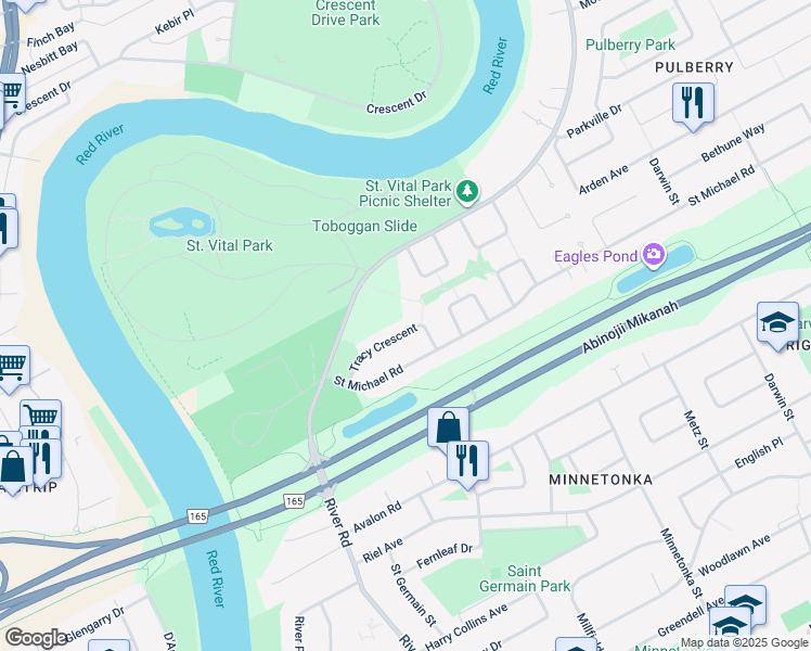 map of restaurants, bars, coffee shops, grocery stores, and more near 31 Tracy Crescent in Winnipeg