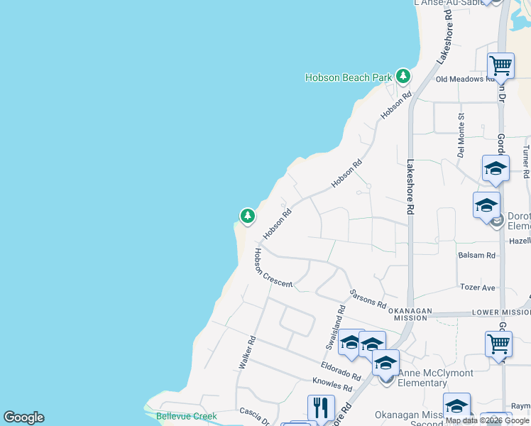 map of restaurants, bars, coffee shops, grocery stores, and more near 4388 Hobson Road in Kelowna