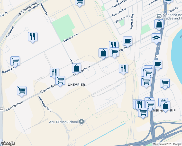map of restaurants, bars, coffee shops, grocery stores, and more near 24 Trottier Bay in Winnipeg