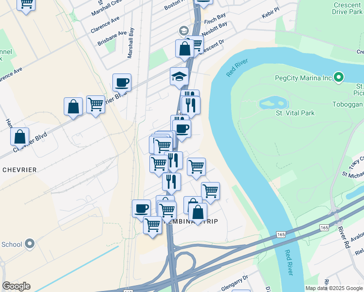 map of restaurants, bars, coffee shops, grocery stores, and more near 1740 Pembina Highway in Winnipeg